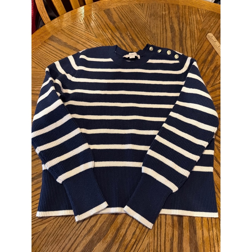 LOFT Womens Navy White Striped Shoulder Button Ribbed Knit Sweater Large